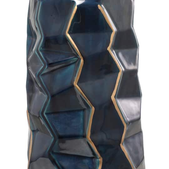 Teal Ceramic Tall Geometric Floor Vase with Gold Accents